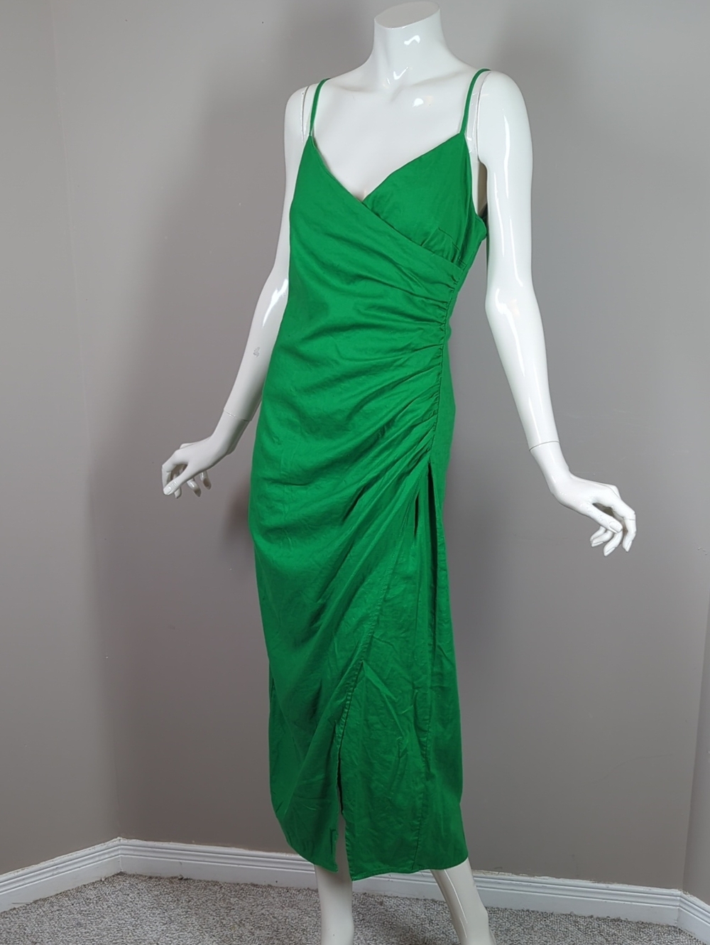Zara Linen Blend Green Ruched Slip Midi Dress Vacation Summer Autumn S